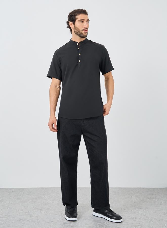 Styli Mandarin Collar Half Placket Short Sleeve Slim Fit Shirt - Image 2