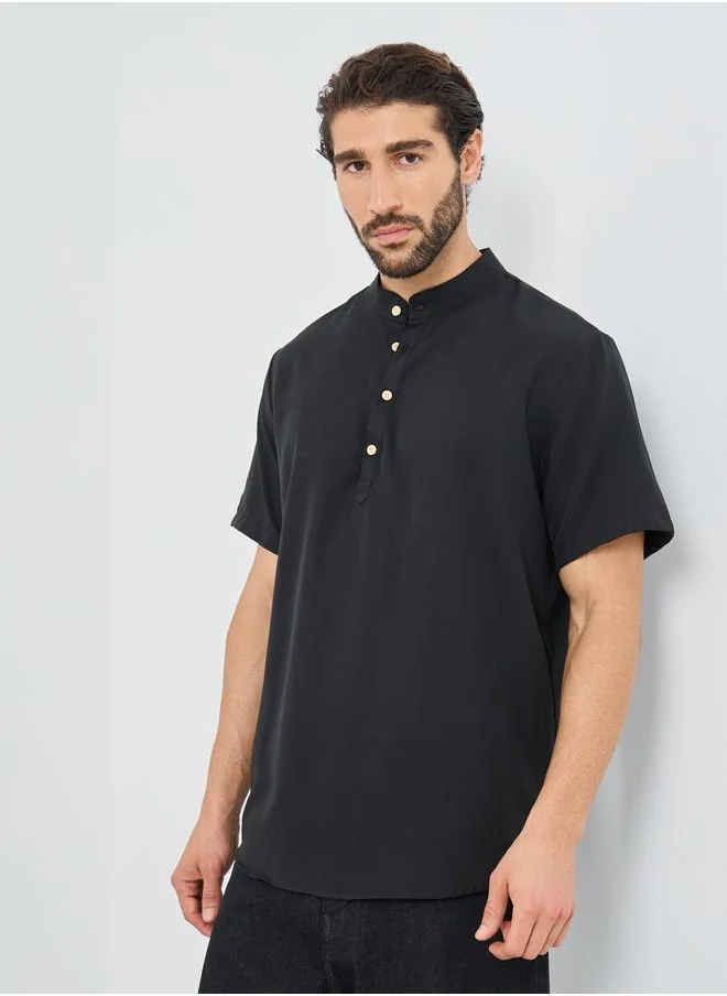ستايلي Styli Mandarin Collar Half Placket Short Sleeve Slim Fit Shirt