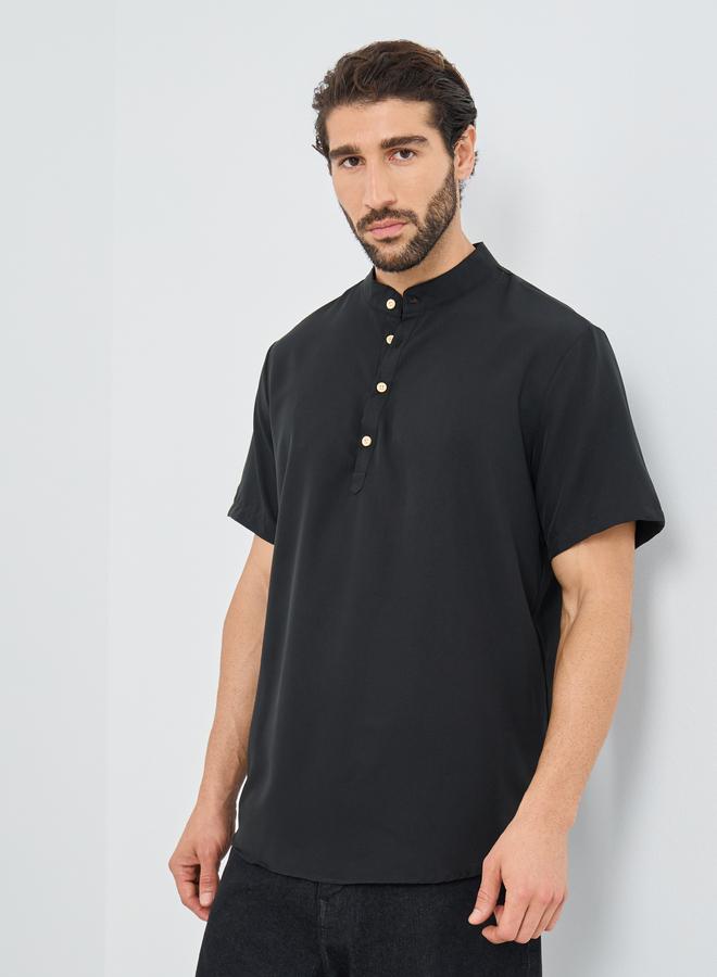 Styli Mandarin Collar Half Placket Short Sleeve Slim Fit Shirt - Image 1