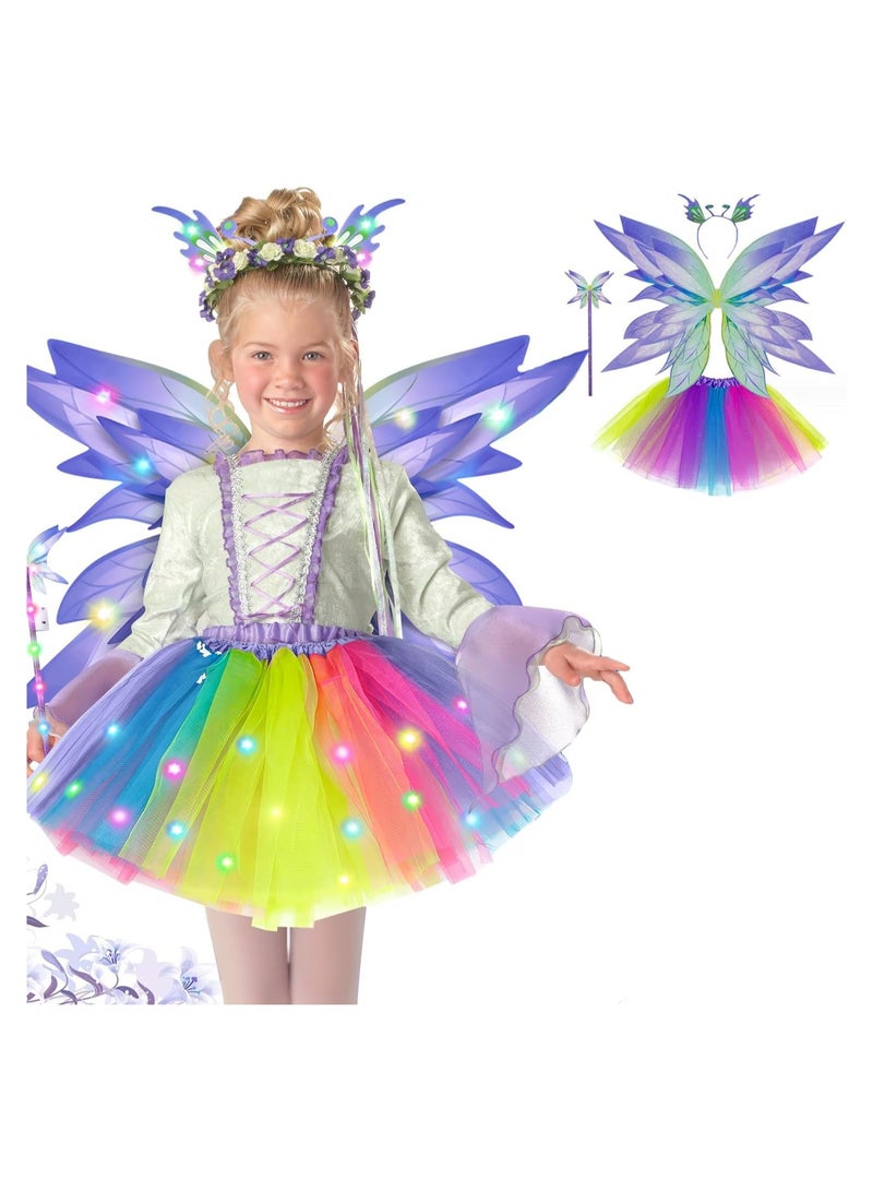 KASTWAVE Fairy Wings Costume Kids Light-up Tulle Skirt Butterfly Wings Fairy Stick Headband Party Favor, Fairy Fancy Princess Dress up Outfit Party Birthday Holiday Tutu Dress Favor Pack of 4 - Image 1