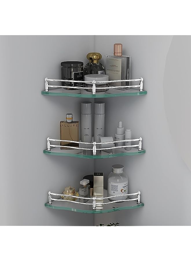 Premium Flower Transparent Glass Chrome Finish Corner Bathroom Kitchen Accessories Shelf (9x9 Inches) - Pack of 3  - Image 1