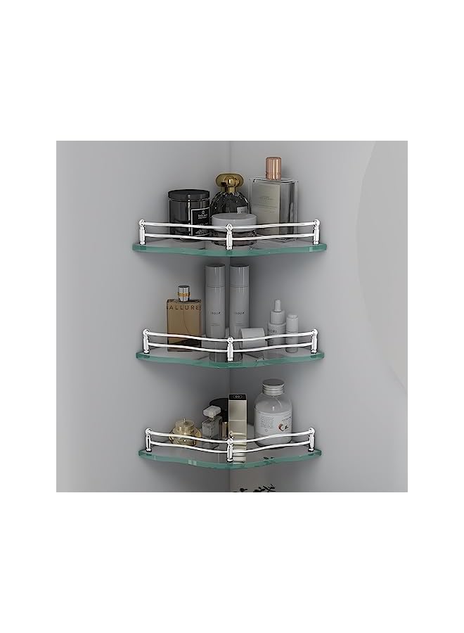 Premium Flower Transparent Glass Chrome Finish Corner Bathroom Kitchen Accessories Shelf (9x9 Inches) - Pack of 3  - Image 2