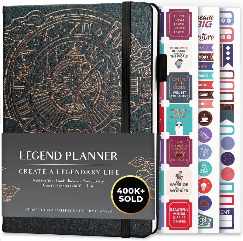 Legend Planner مخطط الأسطورة – مخطط الحياة الفاخر الأسبوعي والشهري لتحقيق أهدافك والعيش بسعادة. دفتر منظم ومجلة إنتاجية. غلاف صلب بحجم A5، غير مؤرخ – ابدأ في أي وقت + ملصقات – رمادي غامض - Image 1