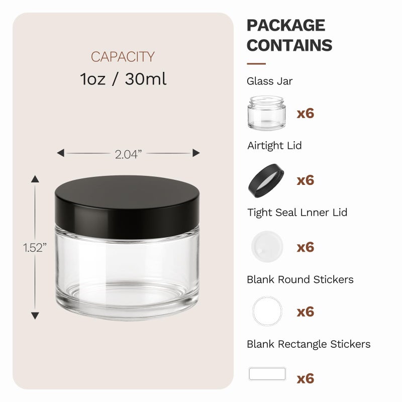 Bumobum 6 Pack 1oz Small Glass Jars with Lids, Refillable Lip Balm Containers, Empty Clear Cosmetic Jars with Labels for Lip Scrub Cream Lotion Salve - Image 3