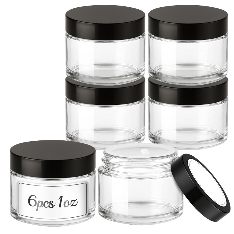 Bumobum 6 Pack 1oz Small Glass Jars with Lids, Refillable Lip Balm Containers, Empty Clear Cosmetic Jars with Labels for Lip Scrub Cream Lotion Salve - Image 1