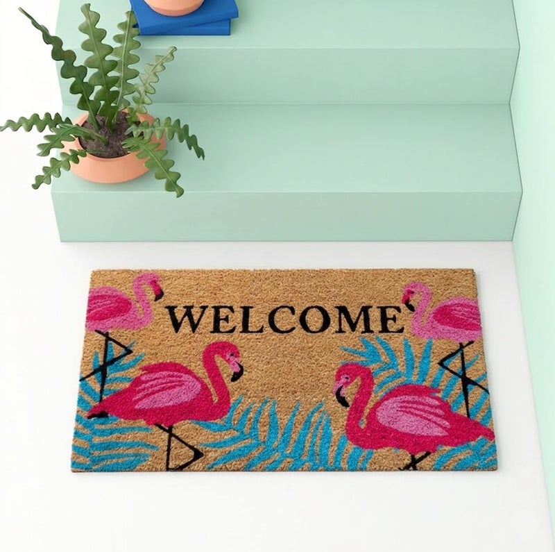 ATMAH Flamingos Coir Doormat 40x70 cm | Door Mat for Home Entrance | Anti Slip PVC Backing | Dirt Trapper | Indoor & Covered Outdoor Use | Multicolor - Image 1
