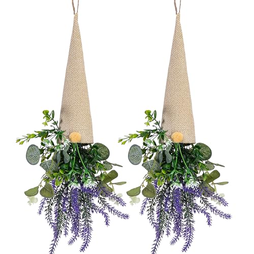 Watayo 2 Pcs Lavender Gnome Wreath Decoration Hanging Purple Lavenders Wreath Gnome for Front Door Artificial Lavender Gnomes Spring Door Swag with Green Leaves for Window Wall Home Ornaments - Image 1