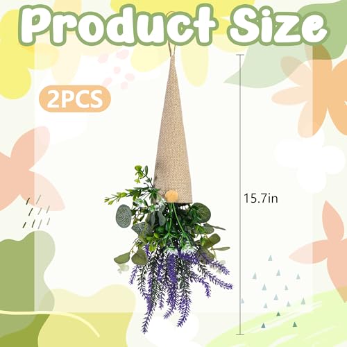 Watayo 2 Pcs Lavender Gnome Wreath Decoration Hanging Purple Lavenders Wreath Gnome for Front Door Artificial Lavender Gnomes Spring Door Swag with Green Leaves for Window Wall Home Ornaments - Image 3