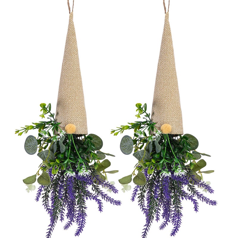 Watayo 2 Pcs Lavender Gnome Wreath Decoration Hanging Purple Lavenders Wreath Gnome for Front Door Artificial Lavender Gnomes Spring Door Swag with Green Leaves for Window Wall Home Ornaments - Image 2