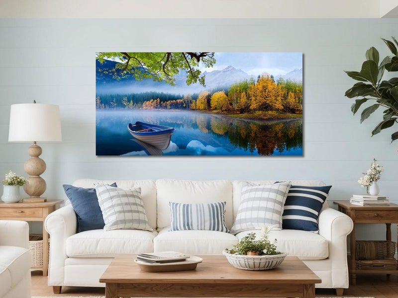 Arjun Landscape Wall Art for Living Room Lake Canvas Blue Picture Bedroom, Nature Boat Artwork Modern Nature Painting Framed Large Home Office Dining Room Wall Decor 40"x20" - Image 3