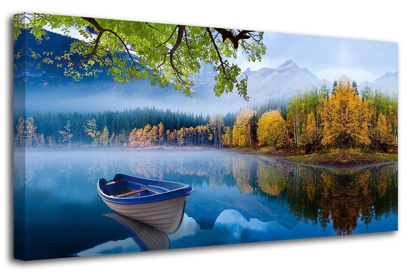 Arjun Landscape Wall Art for Living Room Lake Canvas Blue Picture Bedroom, Nature Boat Artwork Modern Nature Painting Framed Large Home Office Dining Room Wall Decor 40"x20" - Image 1
