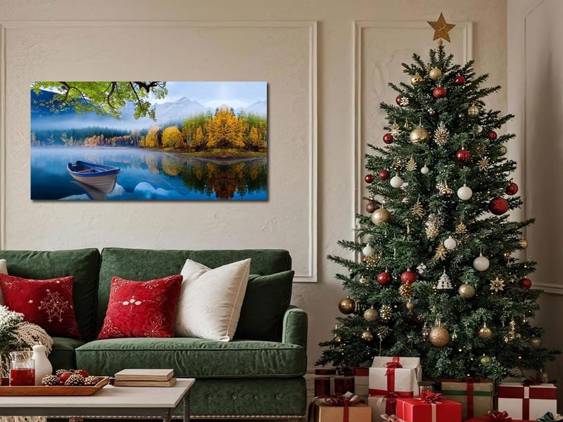 Arjun Landscape Wall Art for Living Room Lake Canvas Blue Picture Bedroom, Nature Boat Artwork Modern Nature Painting Framed Large Home Office Dining Room Wall Decor 40"x20" - Image 2