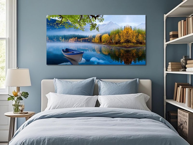 Arjun Landscape Wall Art for Living Room Lake Canvas Blue Picture Bedroom, Nature Boat Artwork Modern Nature Painting Framed Large Home Office Dining Room Wall Decor 40"x20" - Image 4
