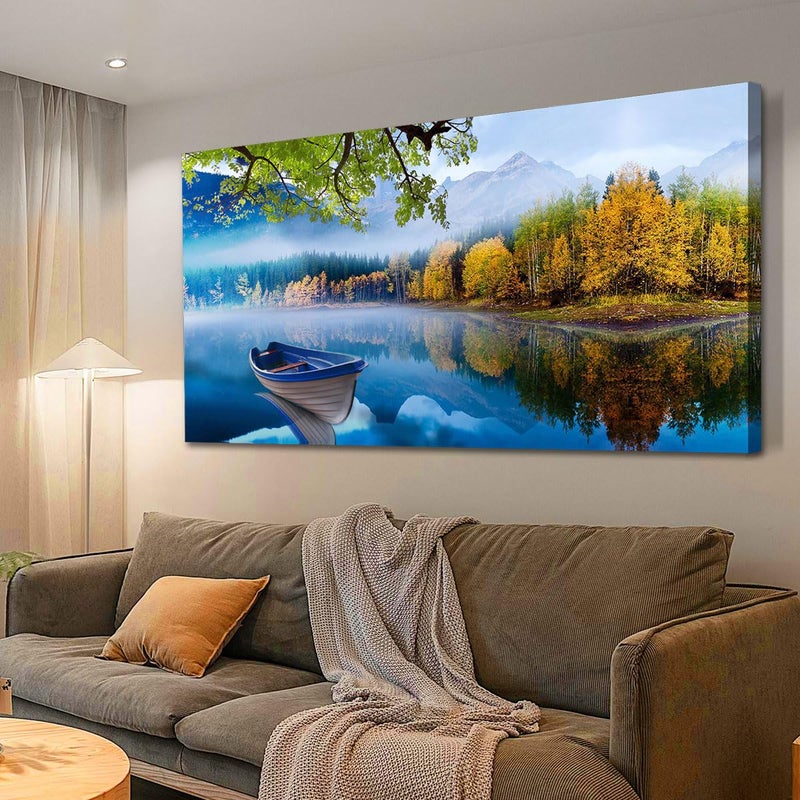 Arjun Landscape Wall Art for Living Room Lake Canvas Blue Picture Bedroom, Nature Boat Artwork Modern Nature Painting Framed Large Home Office Dining Room Wall Decor 40"x20" - Image 5