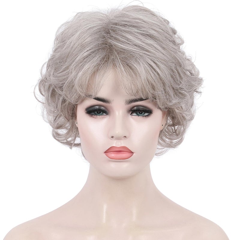 Kalyss Sliver Grey Short Curly Wigs with Hair Bangs for Women Heat Resistant Natural luster Synthetic 70s Look Full Hair Wigs for Women