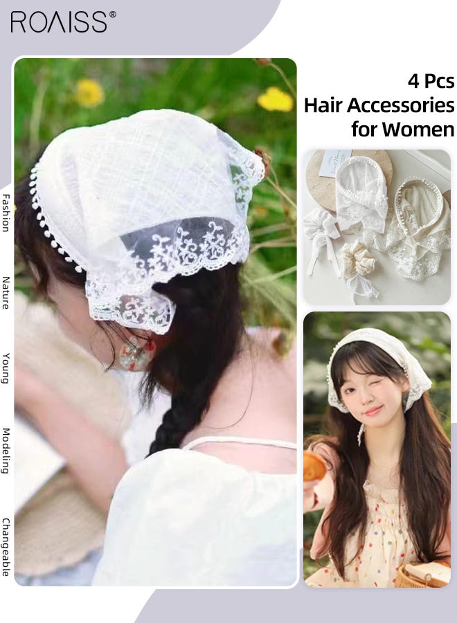 roaiss 4 Pcs Hair Accessories for Women 2Pcs Summer Bubble Gauze Hairband 2Pcs Soft Stretch Lace Bow Hair Tie French Style Lace Triangle Scarf Solid Color Pastoral Style Headscarf Headband  - Image 1
