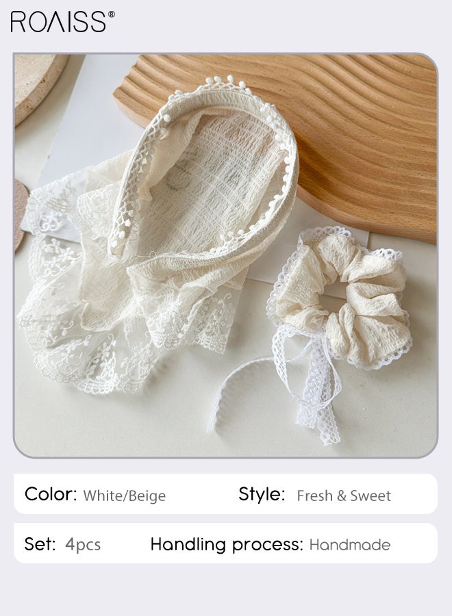 roaiss 4 Pcs Hair Accessories for Women 2Pcs Summer Bubble Gauze Hairband 2Pcs Soft Stretch Lace Bow Hair Tie French Style Lace Triangle Scarf Solid Color Pastoral Style Headscarf Headband  - Image 4