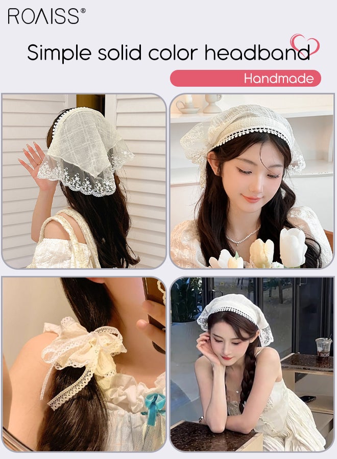 roaiss 4 Pcs Hair Accessories for Women 2Pcs Summer Bubble Gauze Hairband 2Pcs Soft Stretch Lace Bow Hair Tie French Style Lace Triangle Scarf Solid Color Pastoral Style Headscarf Headband  - Image 2