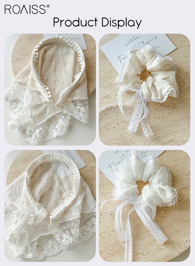 roaiss 4 Pcs Hair Accessories for Women 2Pcs Summer Bubble Gauze Hairband 2Pcs Soft Stretch Lace Bow Hair Tie French Style Lace Triangle Scarf Solid Color Pastoral Style Headscarf Headband  - Image 3