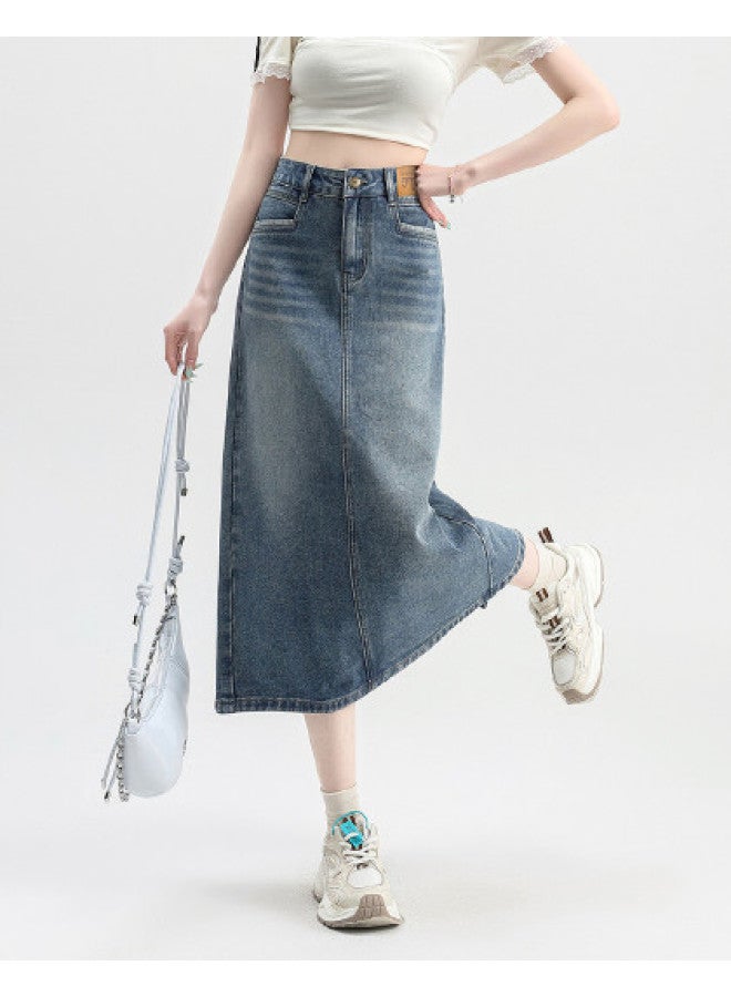 EPTISON High Waist A-line Denim Skirt For Women - Summer Versatile Slimming Casual Office Midi Skirt With Slit - Image 1