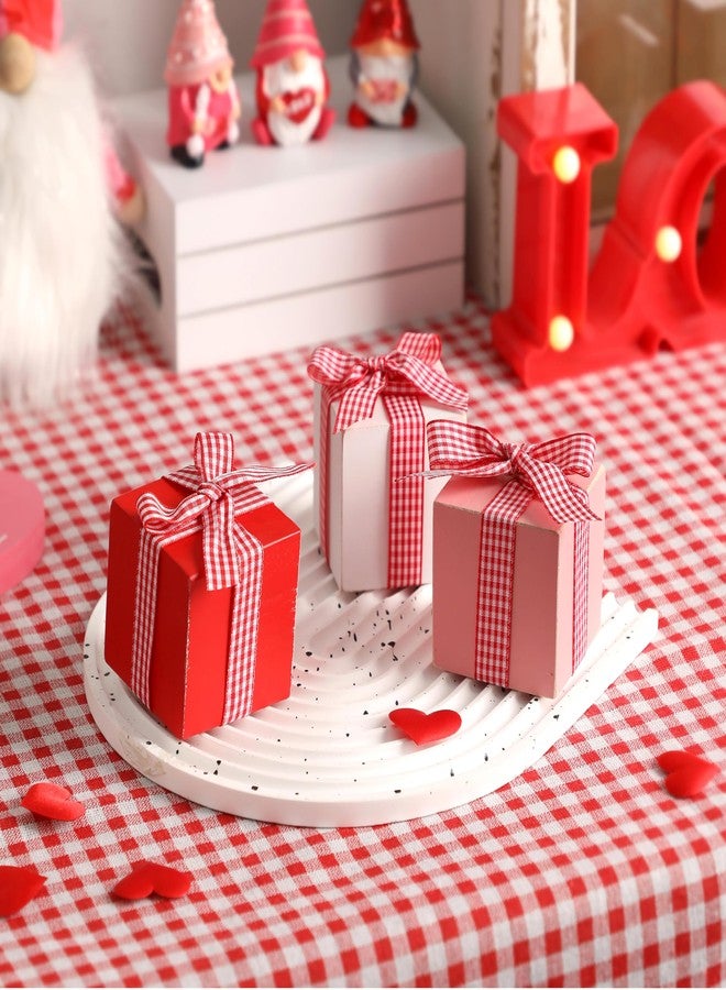 NEWLIGHTURE Valentine's Day Tiered Tray Decor, 3 Pcs Mini Wooden Presents, Farmhouse Valentine's Day Home Decor with Bowknot, Valentine's Day Centerpiece for Table - Image 1