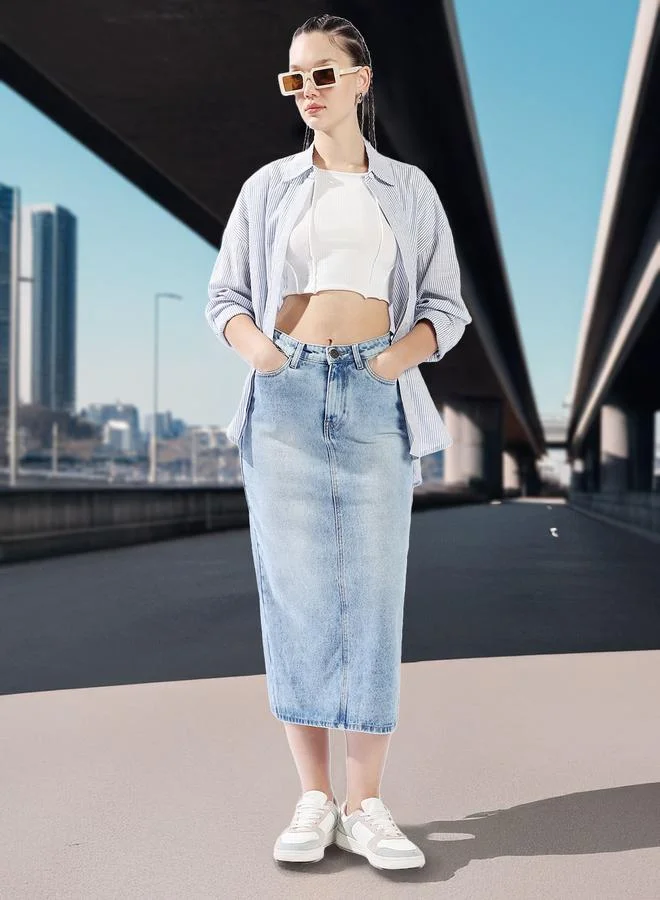 HIGH STAR Women High Rise A-Line Midi Denim Side Back Slit Cotton Skirt