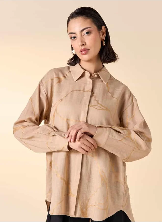 ايكونيك Iconic Foil Print Shirt with Long Sleeves and Button Closure
