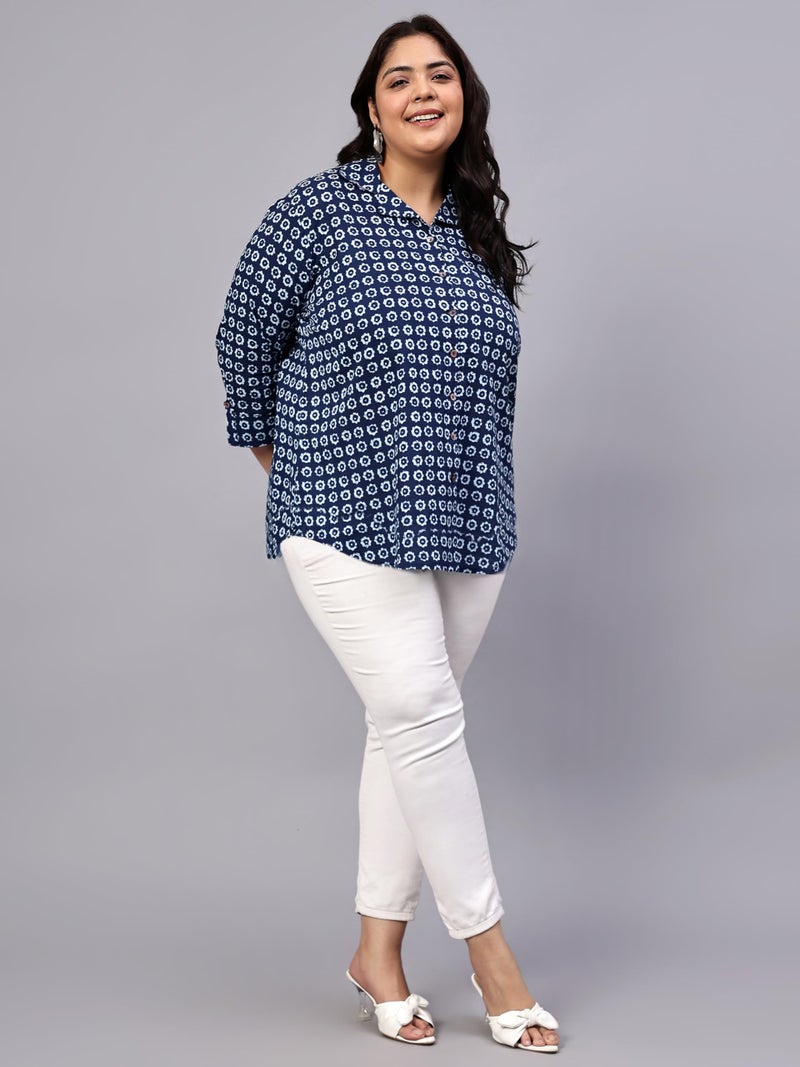 Indietoga Women Cotton Regular Fit Plus Size Casual Longline Shirt Tops (P10001535_Blue Indigo Floral Print_2XL) - Image 5