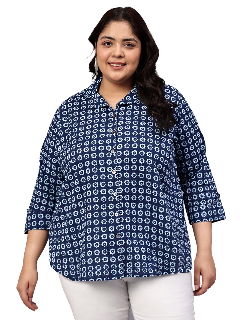 Indietoga Women Cotton Regular Fit Plus Size Casual Longline Shirt Tops (P10001535_Blue Indigo Floral Print_2XL) - Image 1