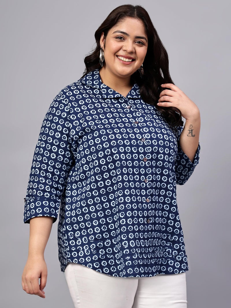 Indietoga Women Cotton Regular Fit Plus Size Casual Longline Shirt Tops (P10001535_Blue Indigo Floral Print_2XL) - Image 4