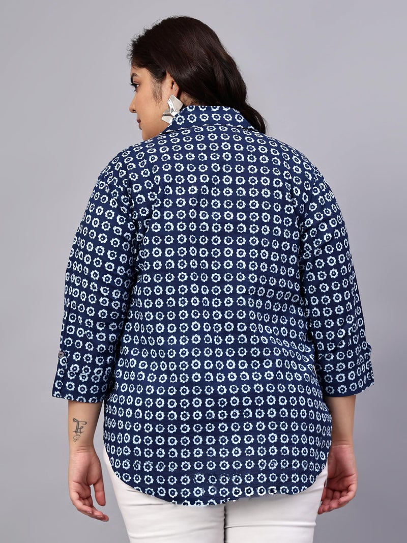 Indietoga Women Cotton Regular Fit Plus Size Casual Longline Shirt Tops (P10001535_Blue Indigo Floral Print_2XL) - Image 3