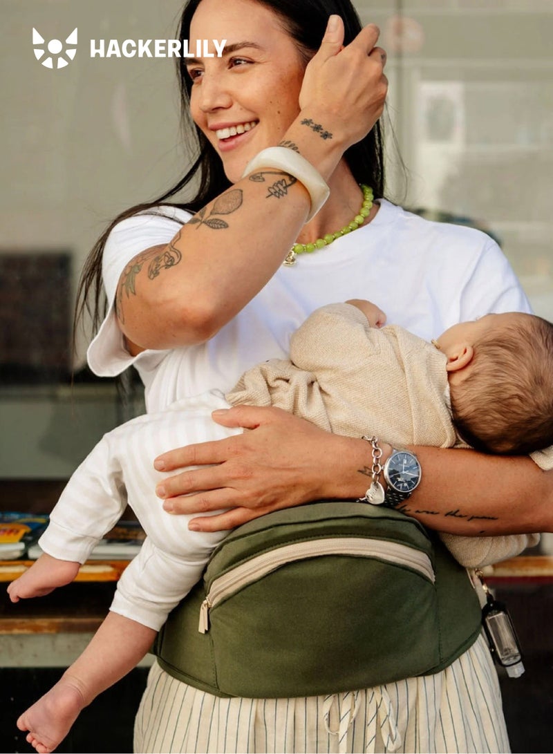 Hackerlily Hip Seat Baby Carrier in Khaki | Strap-Free Waist Carrier with Built-In Storage | 5+ Carry Positions | Ergonomic M-Position | 59–117 CM Waist | Supports Up to 25 KG - Image 2