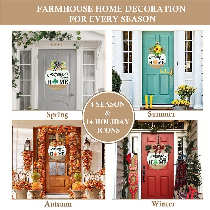 HOMCDALY Interchangeable Welcome Sign for Front Door with 4 Seasonal Wreaths and 14 Changeable Icons, Farmhouse Front Porch DÃ©cor, Front Door Decoration, Seasonal Rustic Wooden Wall Sign home dÃ©cor (7wood) - Image 2