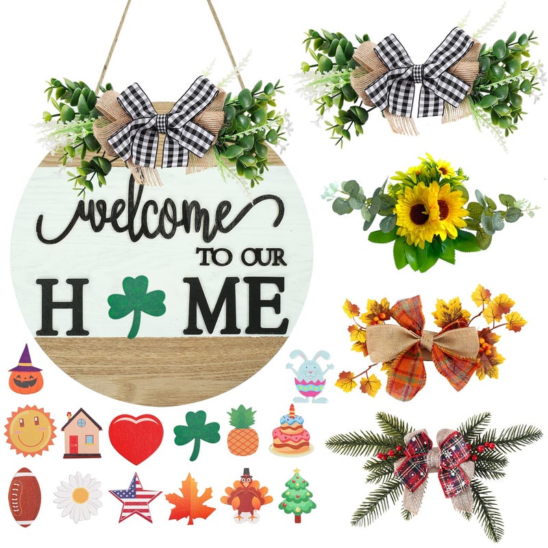 HOMCDALY Interchangeable Welcome Sign for Front Door with 4 Seasonal Wreaths and 14 Changeable Icons, Farmhouse Front Porch DÃ©cor, Front Door Decoration, Seasonal Rustic Wooden Wall Sign home dÃ©cor (7wood) - Image 1