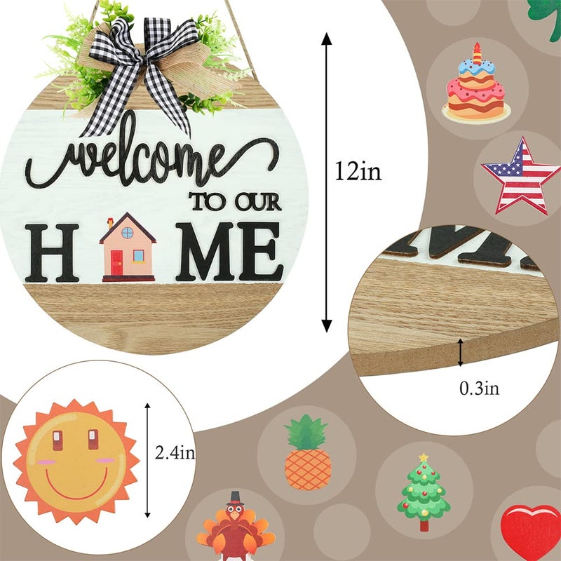 HOMCDALY Interchangeable Welcome Sign for Front Door with 4 Seasonal Wreaths and 14 Changeable Icons, Farmhouse Front Porch DÃ©cor, Front Door Decoration, Seasonal Rustic Wooden Wall Sign home dÃ©cor (7wood) - Image 4