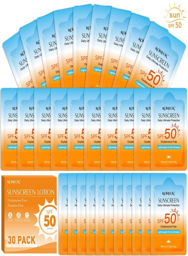 KONEUK 30 Pack Travel Size Sunscreen, SPF 50, Bulk Mini Sunscreen for Face and Body, Lightweight and Non-Greasy, Travel Size for Summer Beach and Outdoor, 0.19 OZ/Pack - Image 1