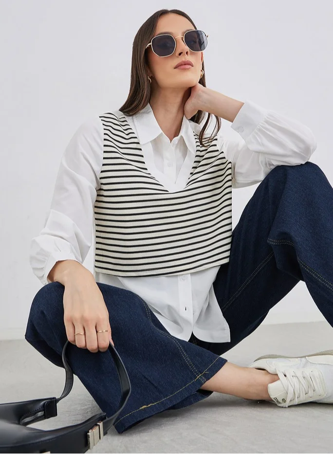 Styli Styli Women Striped Knit Vest Layered Shirt