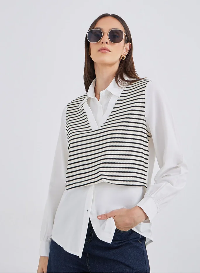 Styli Styli Women Striped Knit Vest Layered Shirt