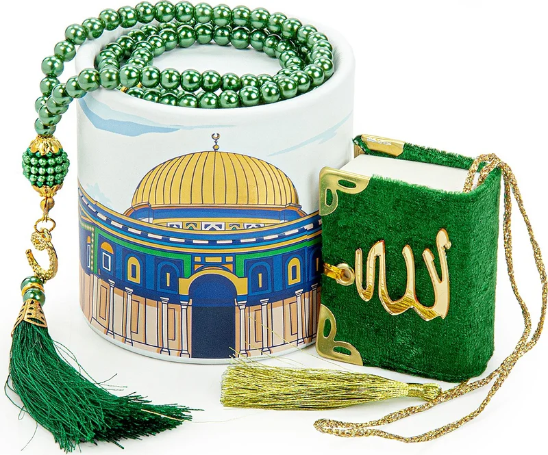 İhvan Online Ihvan Online Special Design Cylinder Boxed Pearl Prayer Beads Mini Quran Mevlid Gift Set Green