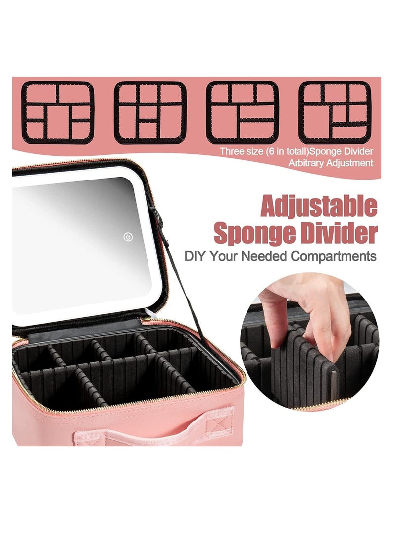 GUDOO حقيبة مكياج مع مرآة مضاءة بإضاءة LED وحقيبة مكياج بمرآة قابلة للتعديل مع فواصل مناسبة لحقيبة مكياج السفر الخاصة بك وتخزين أدوات التجميل والمكياج اليومي - Image 3