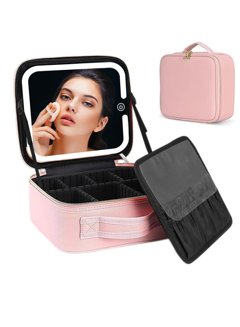 GUDOO حقيبة مكياج مع مرآة مضاءة بإضاءة LED وحقيبة مكياج بمرآة قابلة للتعديل مع فواصل مناسبة لحقيبة مكياج السفر الخاصة بك وتخزين أدوات التجميل والمكياج اليومي - Image 1