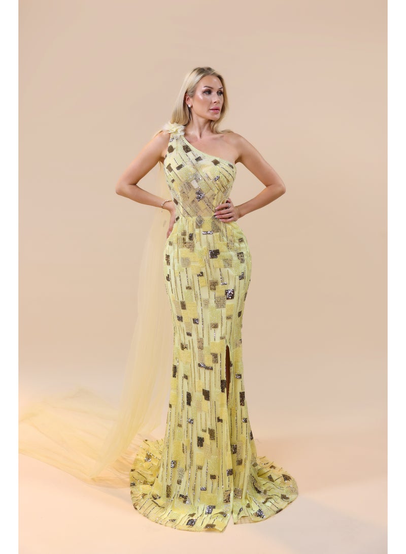 Elegant One-Shoulder Sequin Evening Gown with Sheer Cape Detail