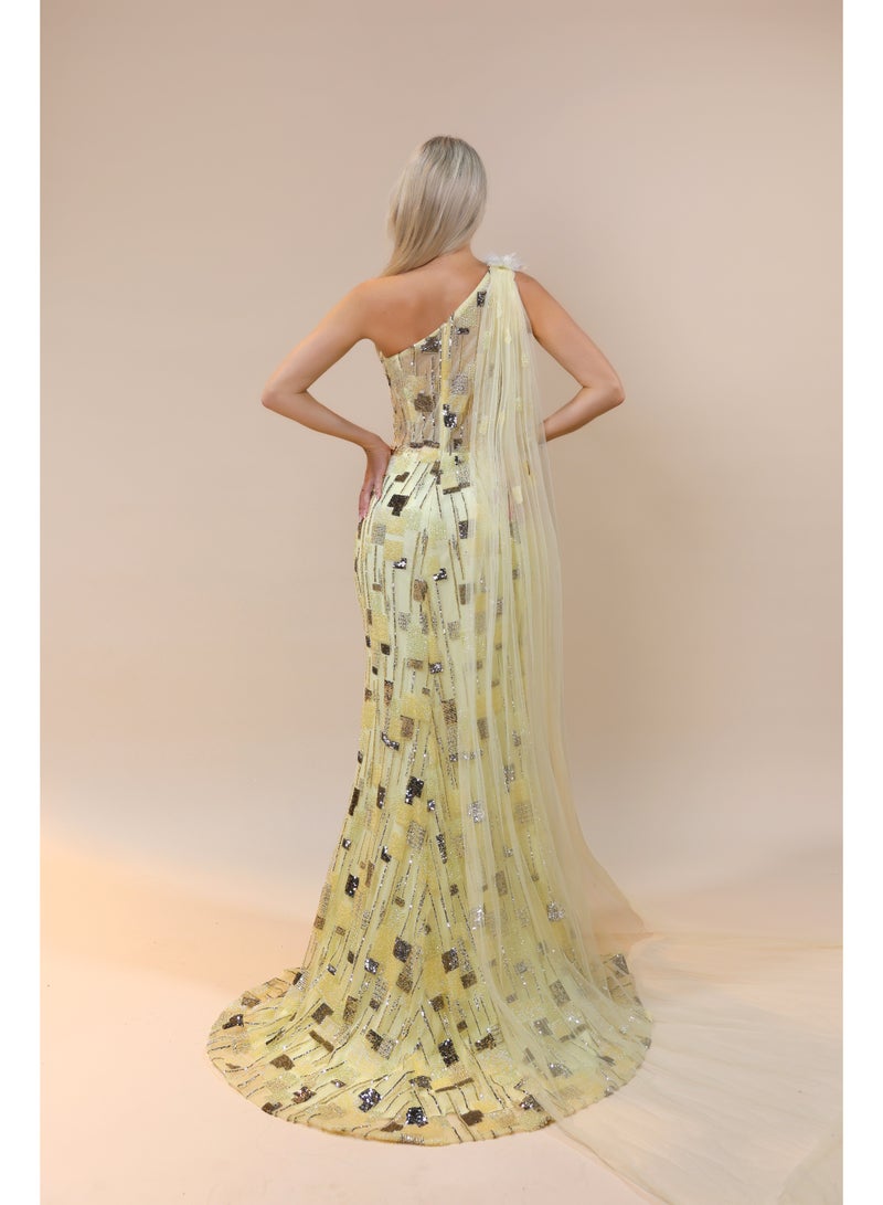 FAIZ COUTURE Elegant One-Shoulder Sequin Evening Gown with Sheer Cape Detail - Image 4