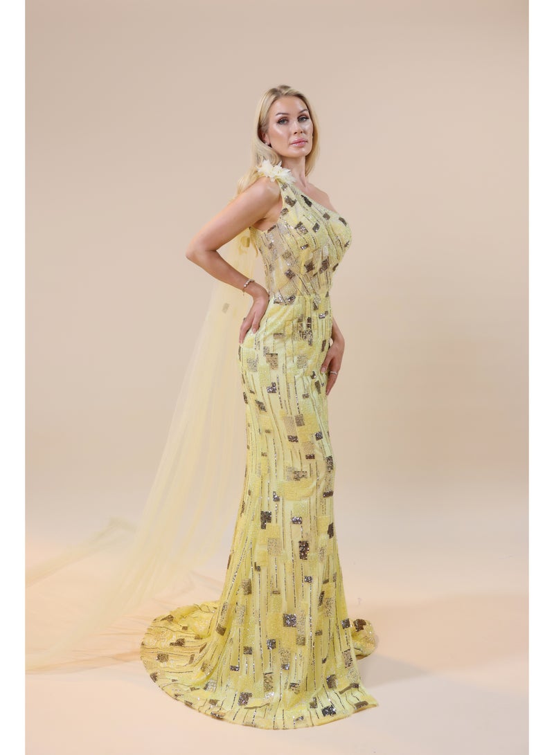 FAIZ COUTURE Elegant One-Shoulder Sequin Evening Gown with Sheer Cape Detail - Image 3