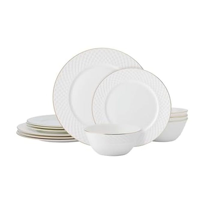 Mikasa Trellis Gold Rim Bone China Lightweight Chip Resistant 12 Piece Dinnerware Set, Service for 4 - Image 1