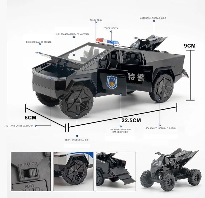 FEXXA 1:24 مقياس تسلا سايبرترك بوليس حصري من السبائك المعدنية مع سحب خلفي، نموذج سيارة مصبوب بالقالب مع صوت وضوء، لعبة سيارات معدنية للأطفال مع صوت وضوء [متعدد الألوان] - Image 2
