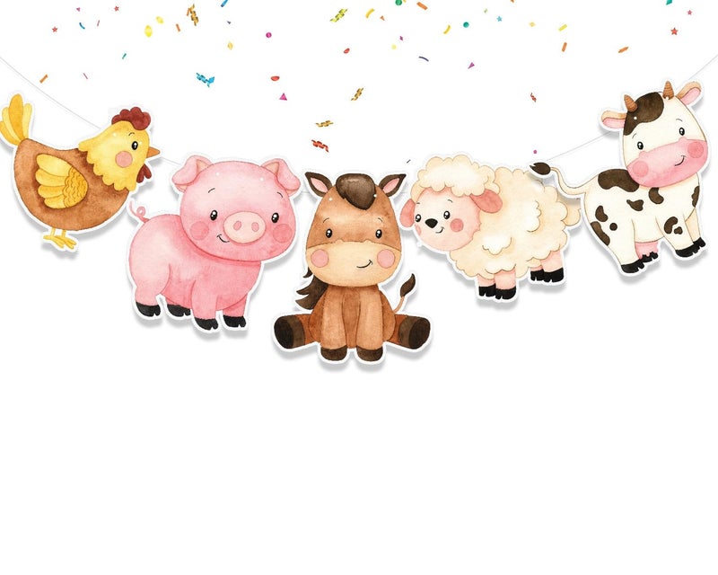 PC Farm Animals Birthday Banner â€“ Barnyard Party Decorations with Cow, Pig, Horse, Sheep & Chicken for Kids Birthday and Baby Shower Supplies - Image 1