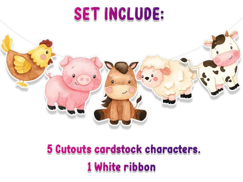 PC Farm Animals Birthday Banner â€“ Barnyard Party Decorations with Cow, Pig, Horse, Sheep & Chicken for Kids Birthday and Baby Shower Supplies - Image 5