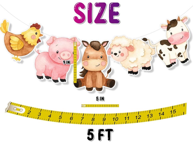 PC Farm Animals Birthday Banner â€“ Barnyard Party Decorations with Cow, Pig, Horse, Sheep & Chicken for Kids Birthday and Baby Shower Supplies - Image 2