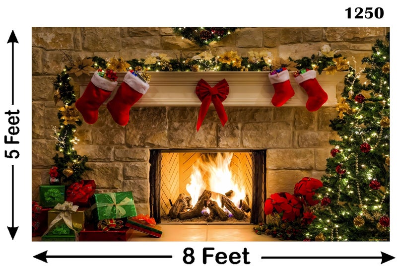 Backdropon Christmas Fireplace Tapestry Wall Hanging Christmas Tree with Christmas Stocking Decor Christmas Wall Art for Bedroom Room Dorm Outdoor Decor Size 5Feet Height & 8Feet Width(5 * 8) - Image 3